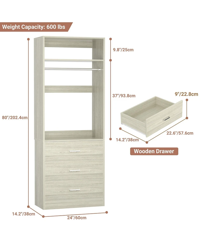 Freestanding 2FT Closet System with 3 Wooden Drawers, 24'' Organizer Hanging Rod & Shelves