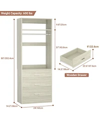 Freestanding 2FT Closet System with 3 Wooden Drawers, 24'' Organizer Hanging Rod & Shelves