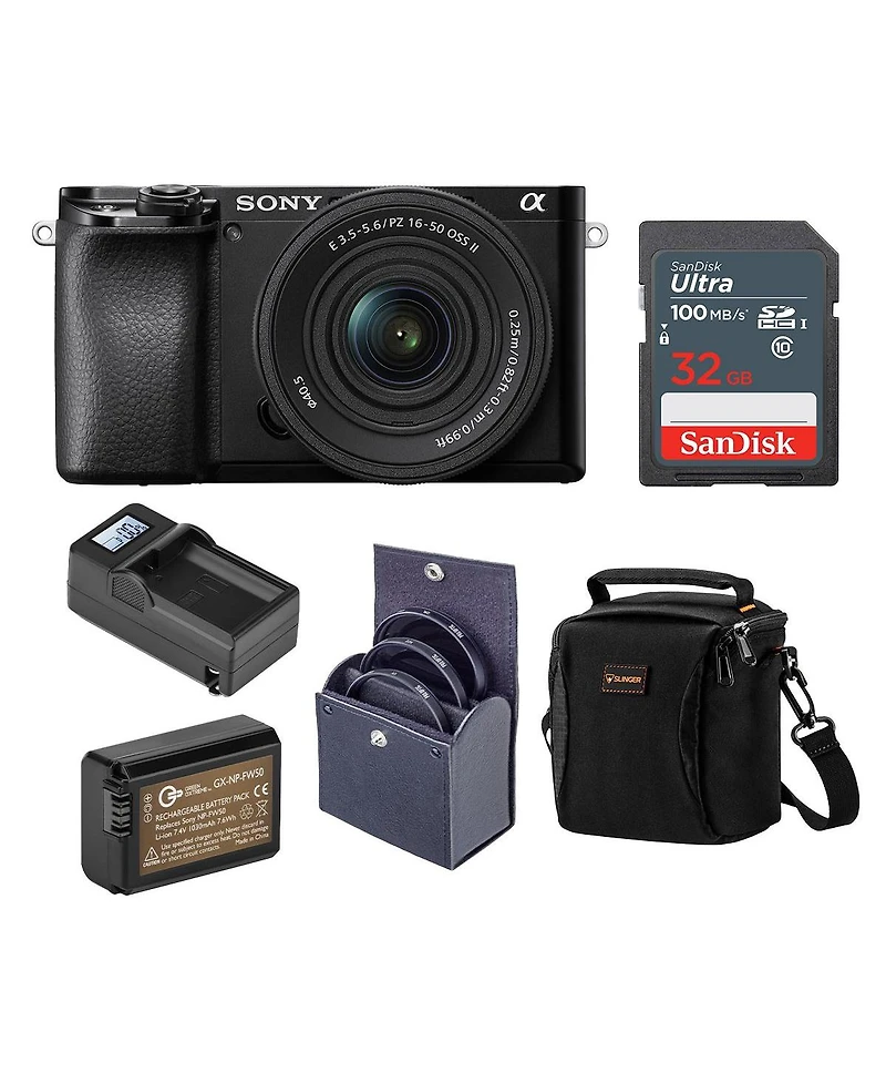Sony Alpha A6100 Mirrorless Digital Camera, with 16-50mm Lens (Black) Basic Bundle with Filter Kit, Battery, Charger, Bag, 32GB Sd Card