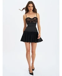Miss Circle Women's Umra Black Contrast Lace Sweetheart Gathered Mini Dress
