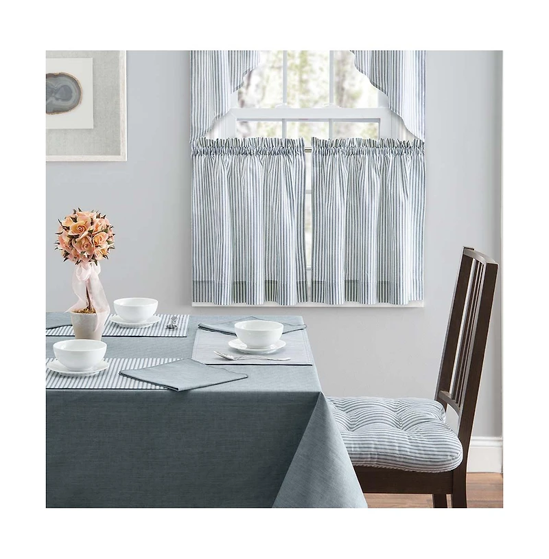 Ellis Curtain Plaza Classic Ticking Stripe Printed on Natural Ground 1.5" Rod Pocket Tailored Swag 56" x 36" Blue