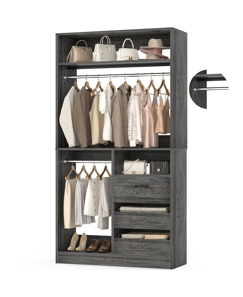 3FT Heavy Duty Closet System, 36'' Free Standing Closet Organizer with 3 Drawers, 2 Hanging Rods and Shelves