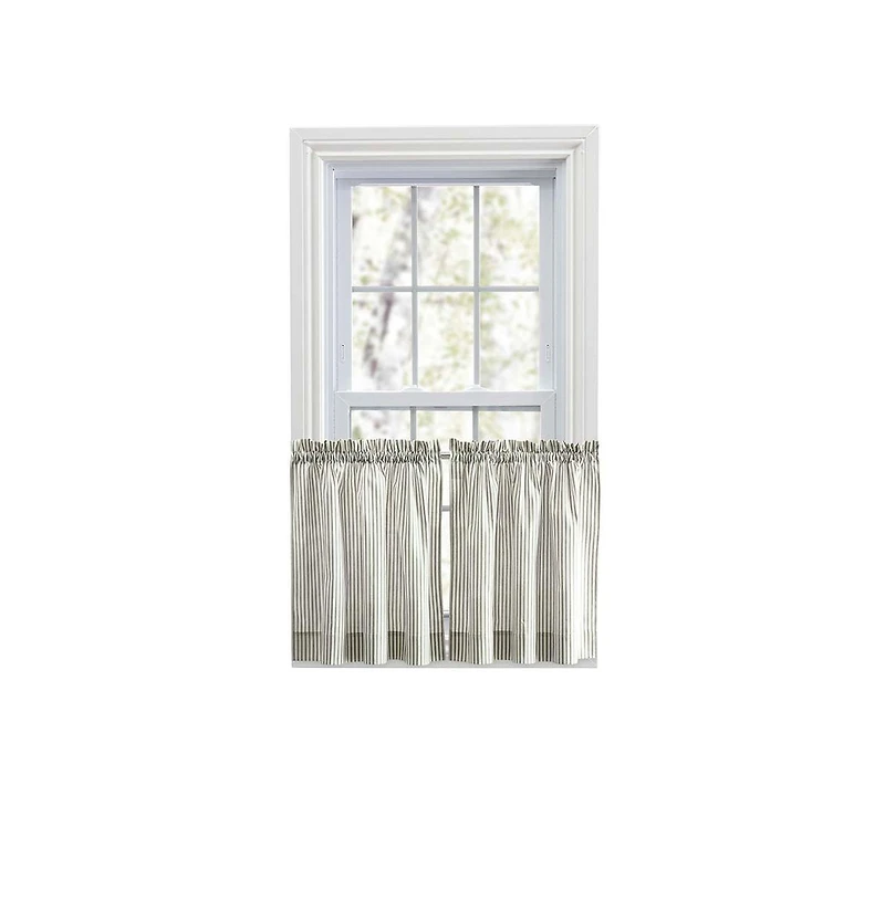 Ellis Curtain Plaza Classic Ticking Stripe Printed on Natural Ground 1.5" Rod Pocket Tailored Tiers 56" x 24" Sage