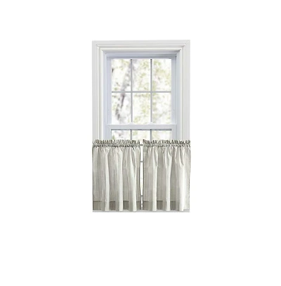 Ellis Curtain Plaza Classic Ticking Stripe Printed on Natural Ground 1.5" Rod Pocket Tailored Tiers 56" x 24" Sage