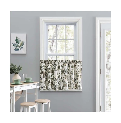 Ellis Curtain Madison Floral Design Printed Natural Ground 1.5" Rod Pocket Tailored Tier 56" x 24" Blue