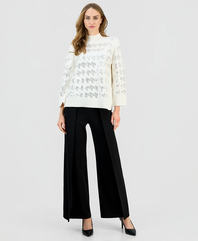 Anne Klein Petite Sequin Houndstooth Mock-Neck Sweater