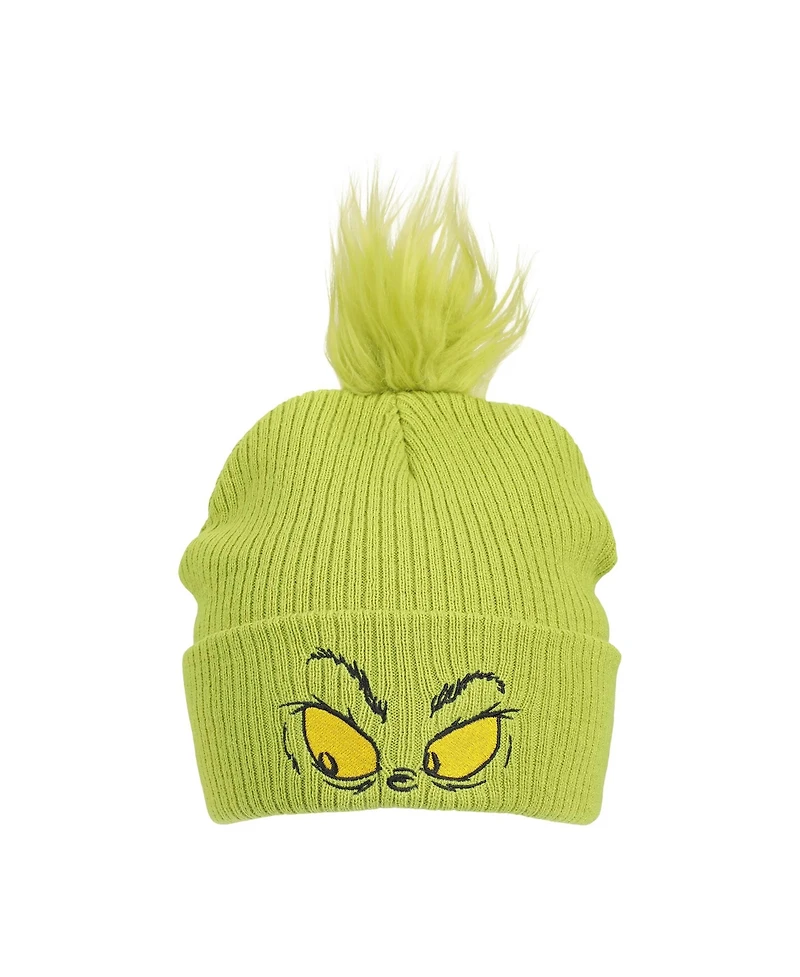 The Grinch Men's Grinch Eyes Embroidery And Faux Hair Acrylic Knit Cuff Beanie