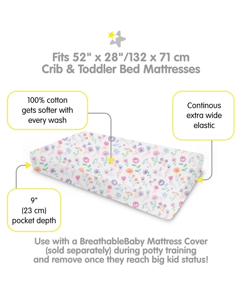 BreathableBaby Cotton Percale Fitted Sheet, For 52" x 28"/132 71 cm Crib & Toddler Bed Mattress (2-Pack)
