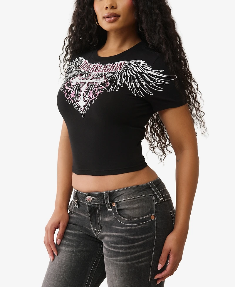 True Religion Women's Ss Crystal Wing Baby T-Shirt