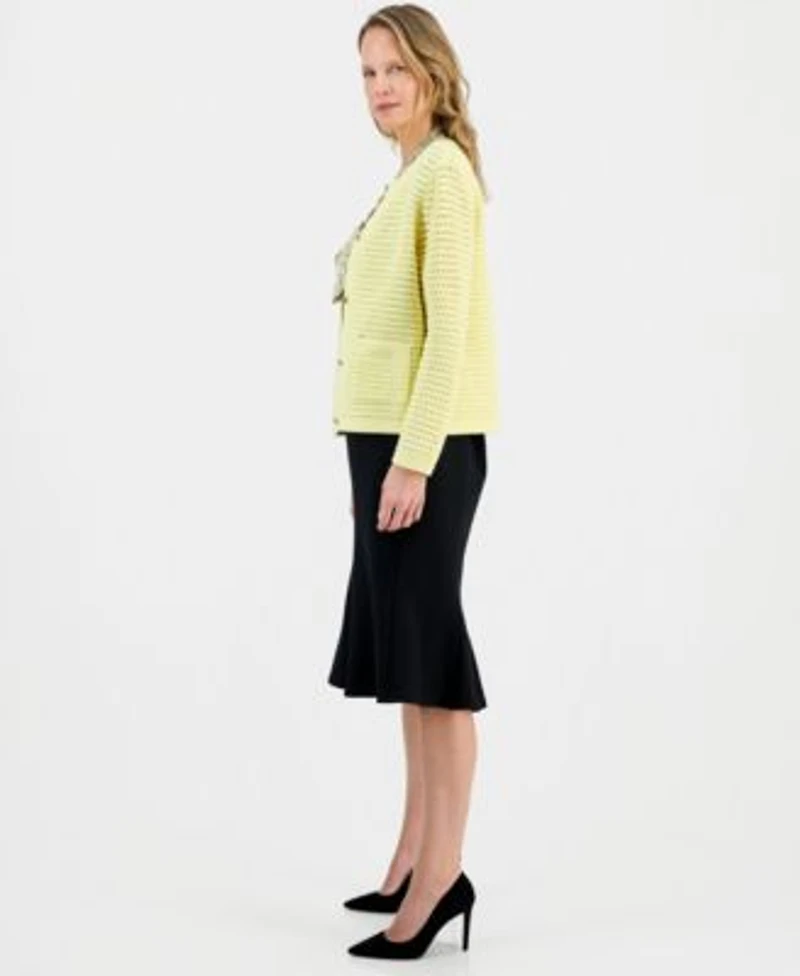 Kasper Womens Textured Stitch Button Front Cardigan Printed Satin Sleeveless Blouse Core Julia Stretch Crepe A Line Skirt