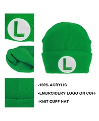 Super Mario Men's Luigi Logo Embroidery Standard Cuff Acrylic Knit Beanie Cuff Beanie