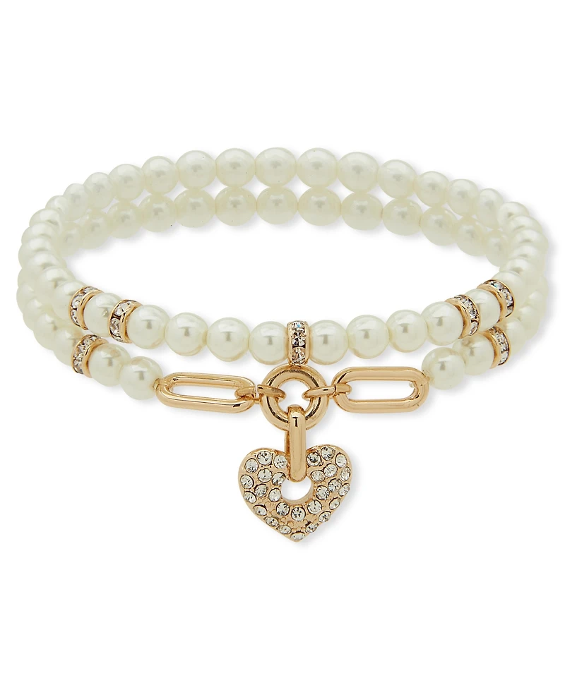 Anne Klein Imitation Pearl 2-Row Heart Stretch Bracelet