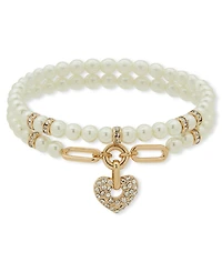 Anne Klein Imitation Pearl 2-Row Heart Stretch Bracelet