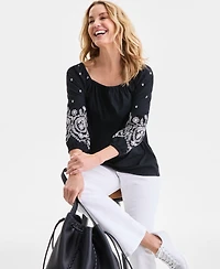 Style & Co Petite Square-Neck Embroidered 3/4-Sleeve Blouse, Macy's Exclusive