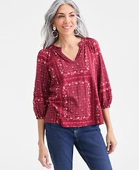 Style & Co Petite Smocked Knit Intricate Patchwork Top, Macy's Exclusive