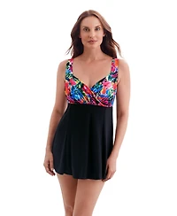 Longitude by Mimi Flamingo Women's Blooming Bouquet Draped Crossover Long Torso Swim Dress