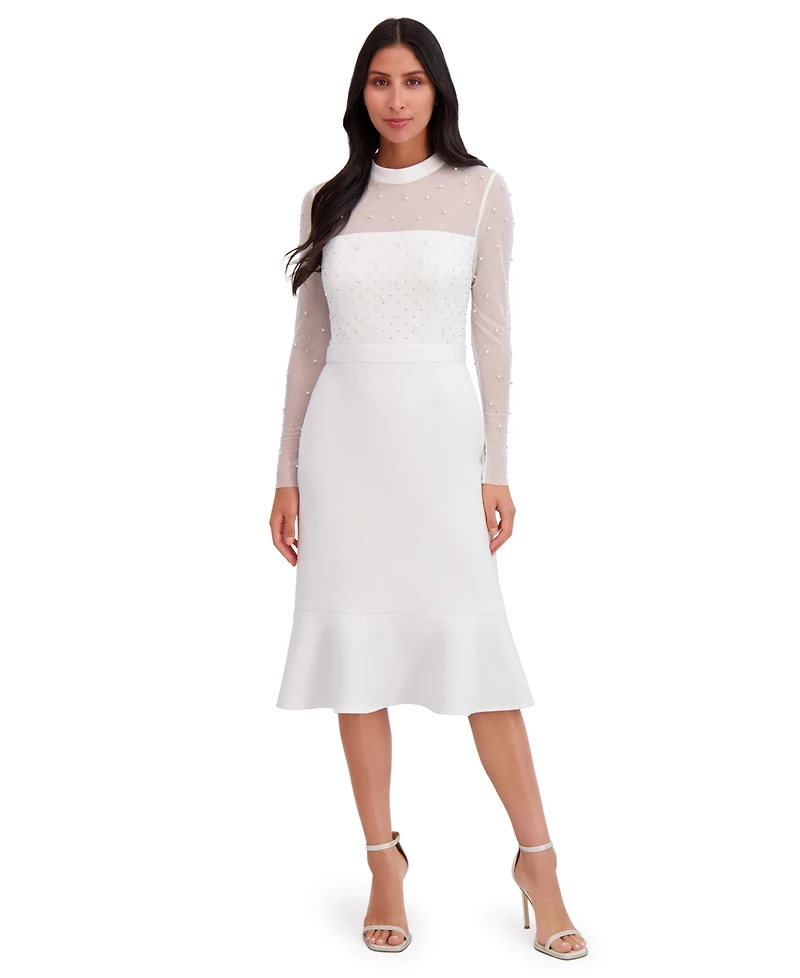 London Times Women's Long-Sleeve Illusion Midi Dress
