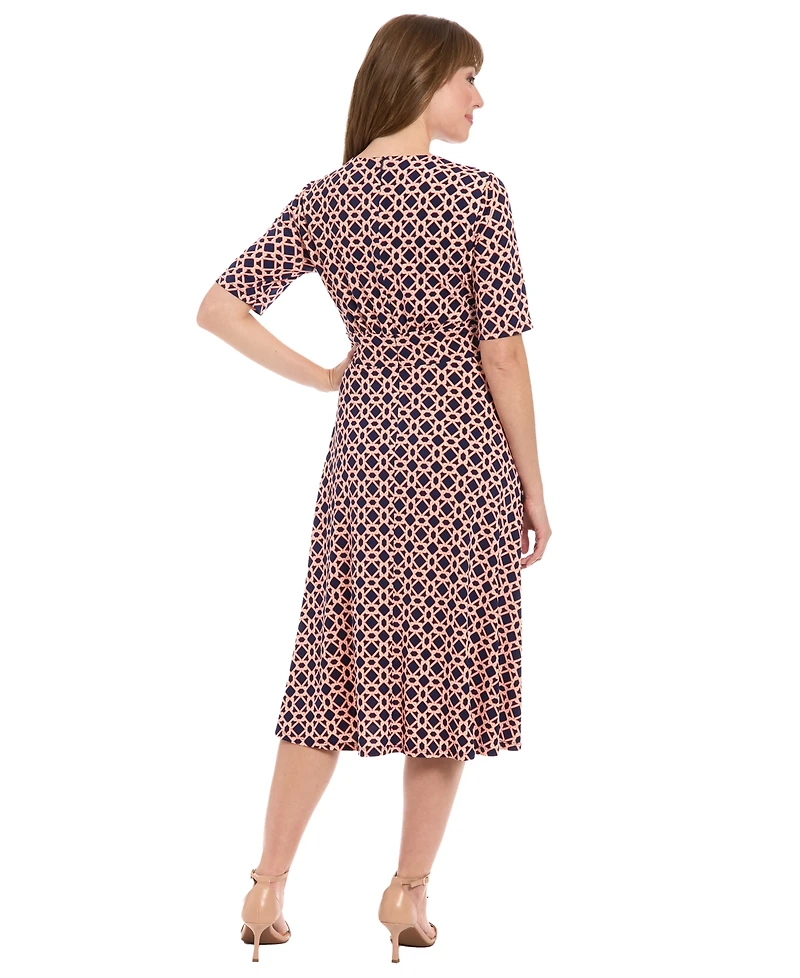 London Times Women's Printed Elbow-Sleeve A-Line Dress