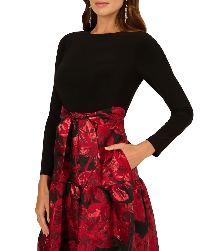 Adrianna Papell Women's Mixed-Media Tie-Waist Gown