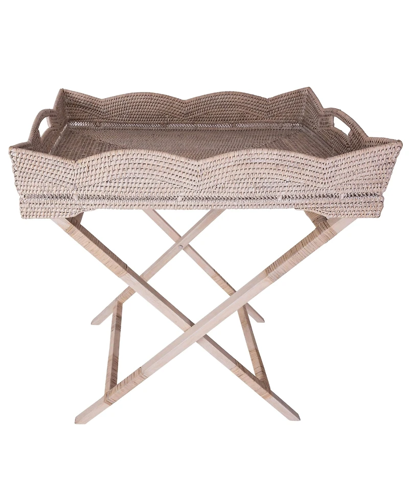 Artifacts Rattan Scallop Design Butler Tray with Wooden Legs