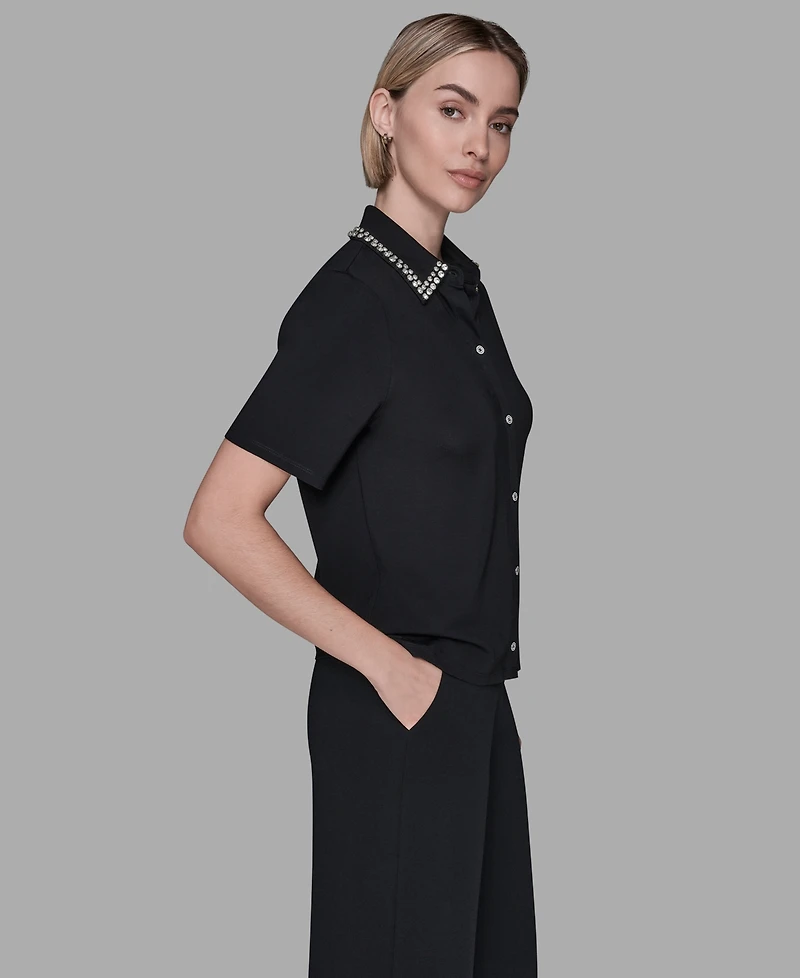 Karl Lagerfeld Paris Women's Sparkle Trim Knit Short-Sleeve Top