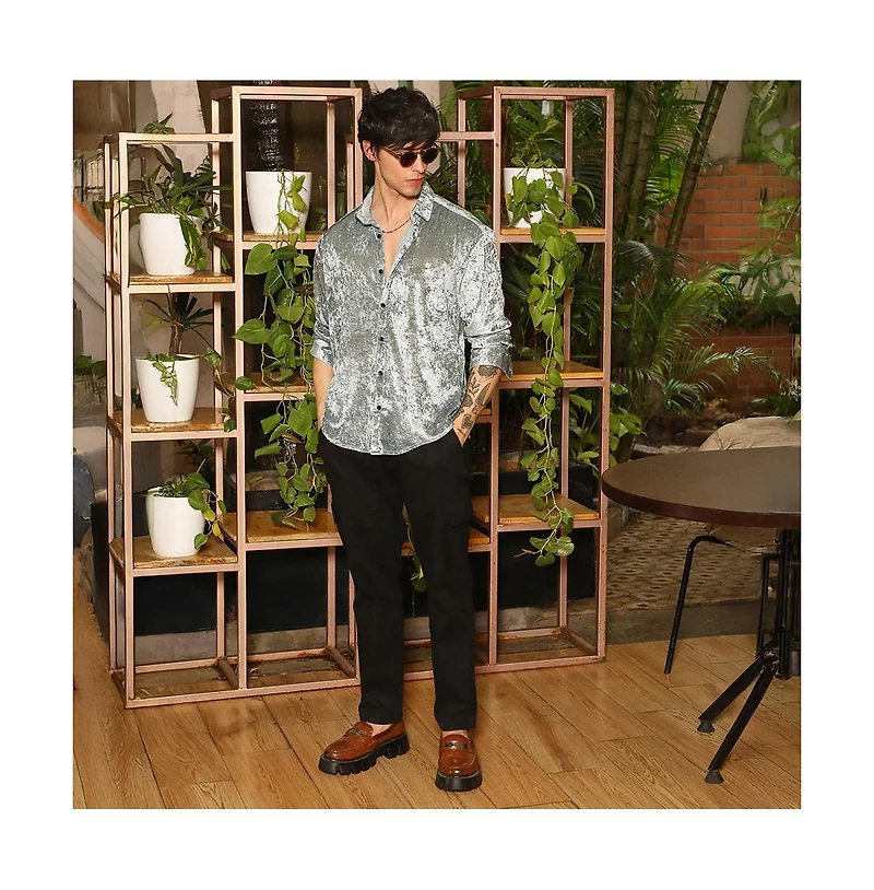 Campus Sutra Men's Sage Green Solid Velvet Shirt