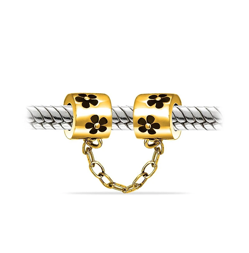 Bling Jewelry Two Tone Double Safety Chain Spacer Stopper Daisy Flower Charm Bead Gold Plated Sterling Silver Fits European Bracelet