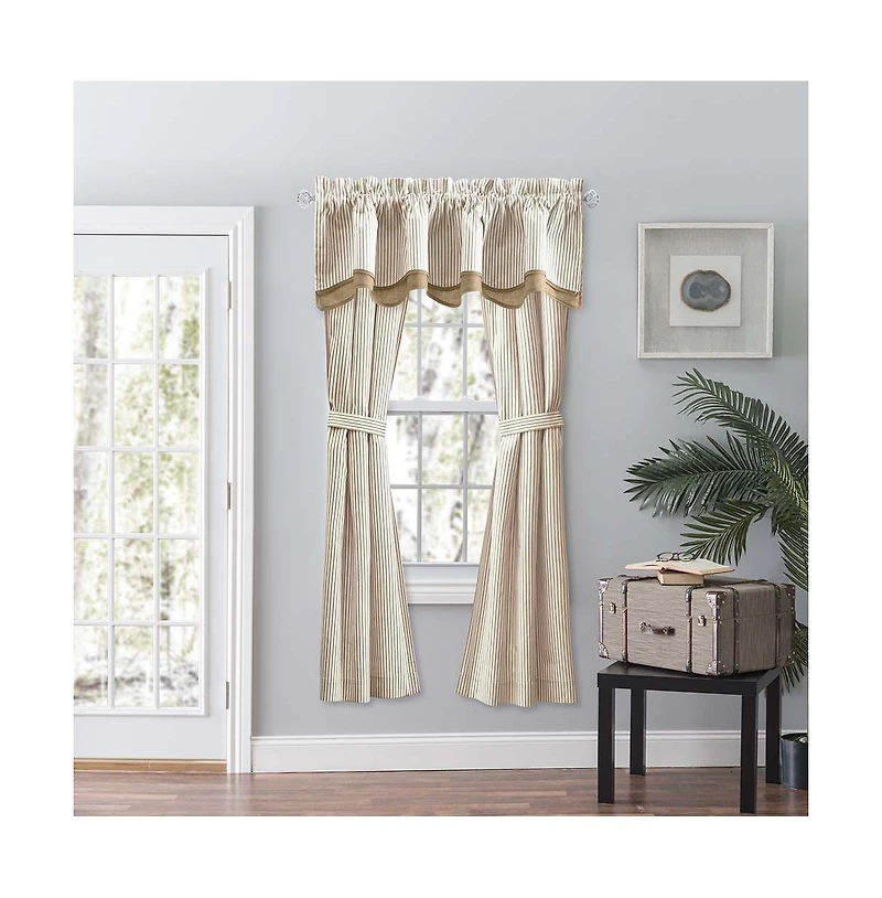 Ellis Curtain Plaza Classic Ticking Stripe Printed 3" Rod Pocket Tailored Panel Pair with Tiebacks 56" x 63" Tan