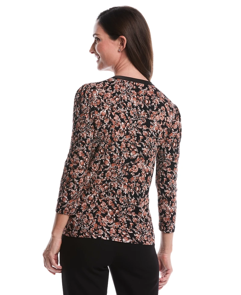 Rafaella Petite Floral Print 3/4 Puff Sleeve V-Neck Top
