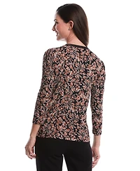 Rafaella Petite Floral Print 3/4 Puff Sleeve V-Neck Top