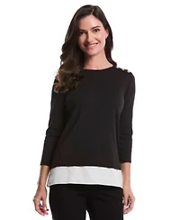 Rafaella Petite Rivet Detail Mixed Media Layered 3/4 Sleeve Top