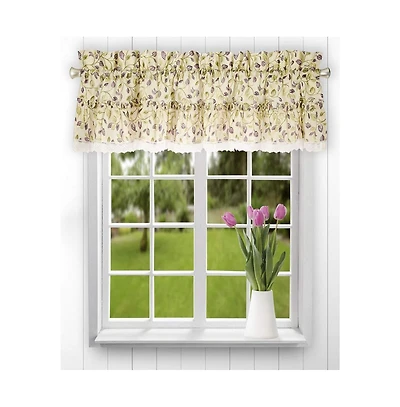 Ellis Curtain Clarice Room Darkening Natural Color Classic Print Ruffled Window Valance - 52 x12" Violet