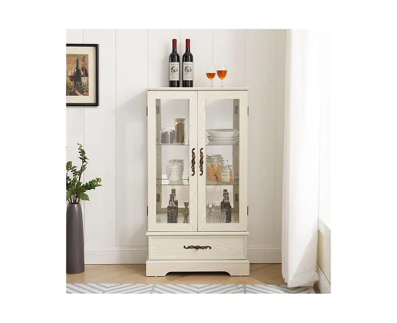 Casainc Glass Cabinet with Adjustable Shelves 2 Doors and 1 drawer Bulb Included