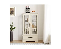 Casainc Glass Cabinet with Adjustable Shelves 2 Doors and 1 drawer Bulb Included