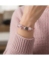 Bling Jewelry Live Love Laugh Support Breast Cancer Survivor Pink Ribbon Multi Bead Charm Leather Bracelet Sterling Silver Barrel Clasp