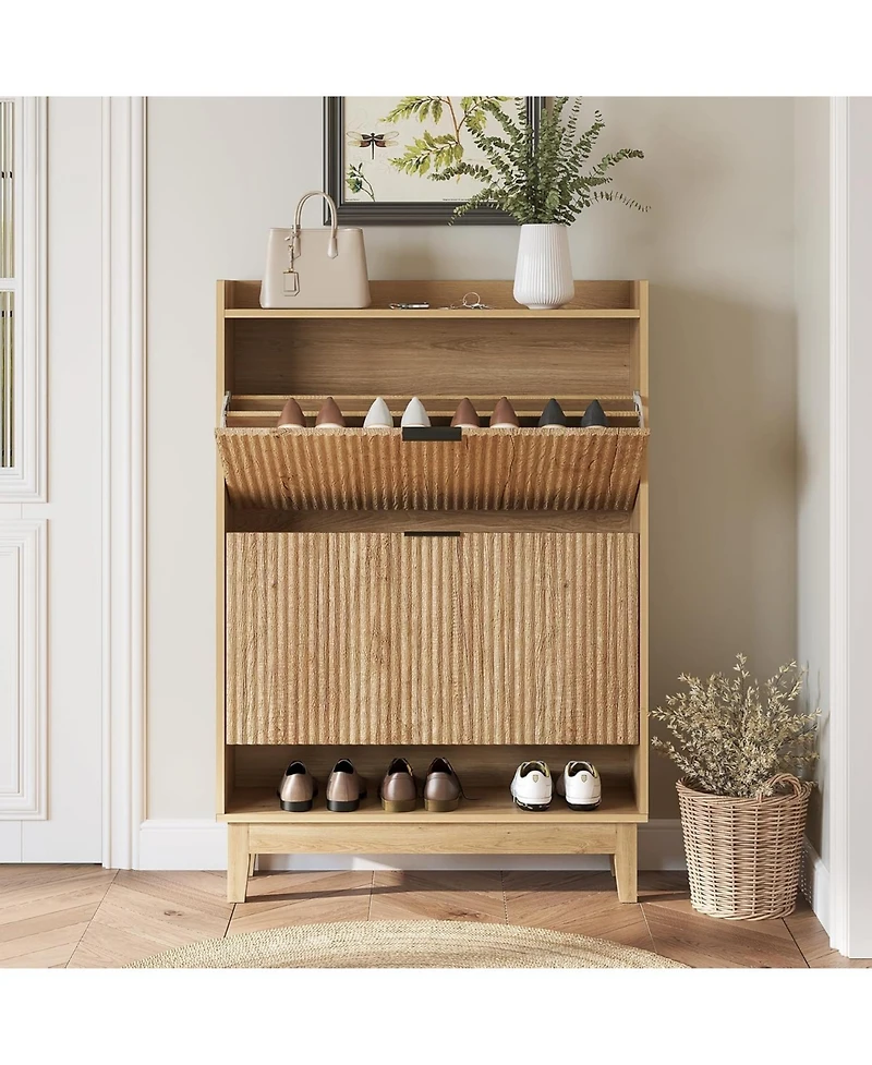 Tribesigns 31.5" Wide Narrow Entryway Cabinet,Shoe Cabinet with 2 Flip Drawers & Open Shelf