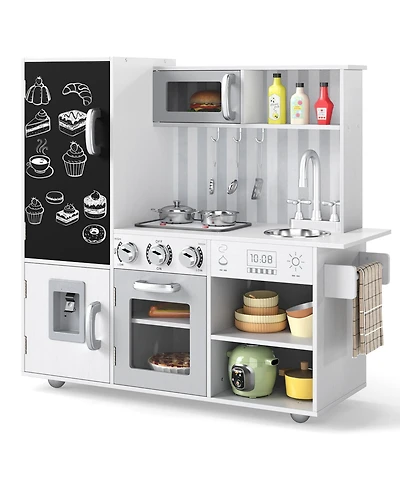 Gymax Play Kitchen Toy Set w/ Chalkboard Oven Sink Faucet Stove Water Dispenser