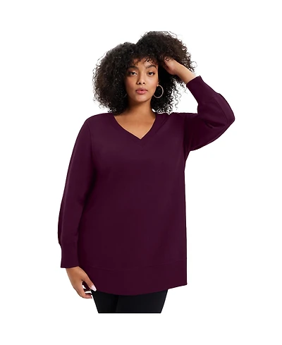 June + Vie Women's Plus V-Neck French Terry Sweatshirt