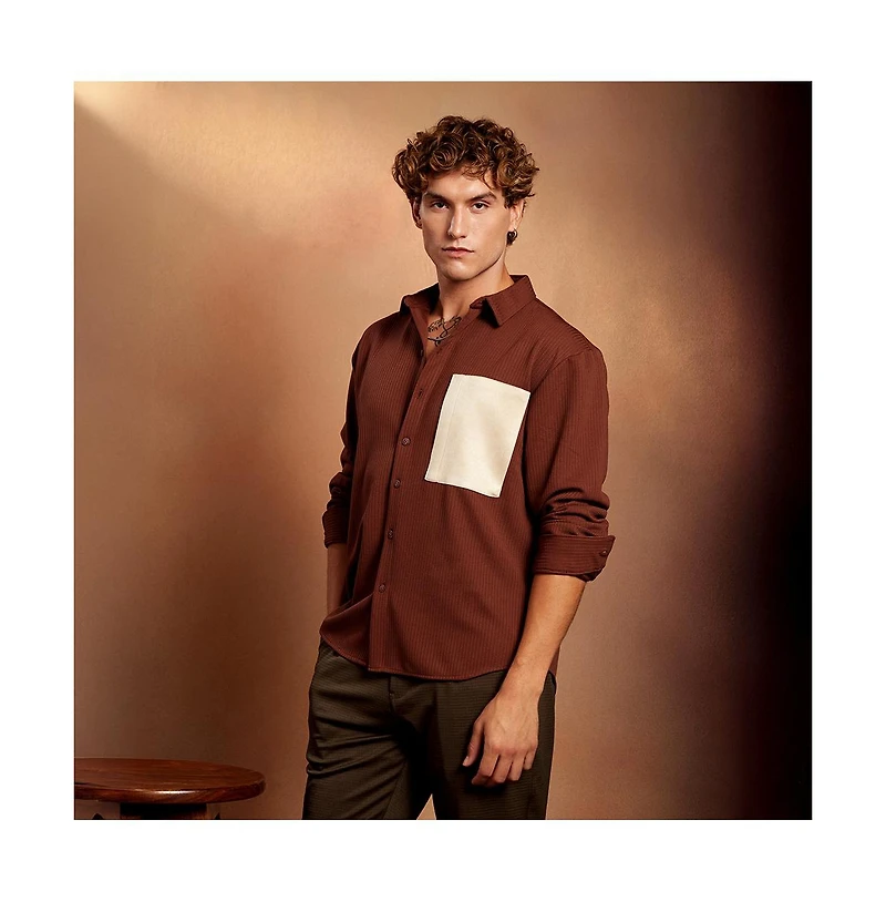 Campus Sutra Men's Chocolate Brown Block-Patch Oversized Shirt