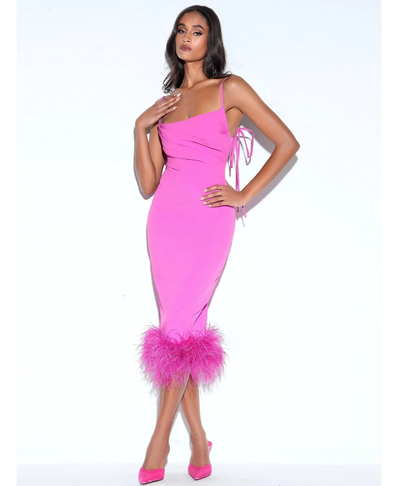 Miss Circle Women Fiona Fuchsia Feather Trim Bottom Maxi Dress