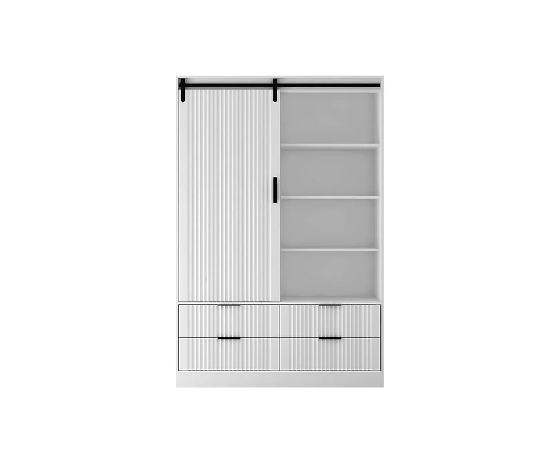 Casainc Tall Cabinet Bedroom Armoire Wardrobe Closet Clothing with Hanging Rod Barn Door Drawers Open Shelves