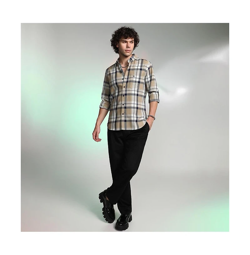 Campus Sutra Men's Sand Beige Shadow-Checkered Shirt