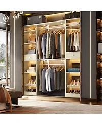 Aheaplus 58" - 90'' W Closet System with 2 Drawers, Large Walk-in Closet Organizer with 3 Hanging Rods and Shelves