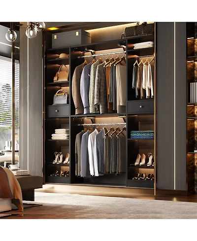 Aheaplus 58" - 90'' W Closet System with 2 Drawers, Large Walk-in Organizer 3 Hanging Rods and Shelves