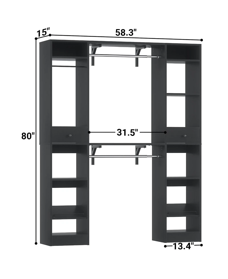 Aheaplus 58" - 90'' W Closet System with 2 Drawers, Large Walk-in Organizer 3 Hanging Rods and Shelves