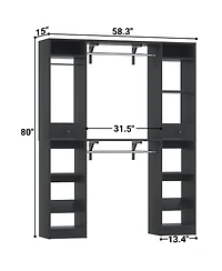 Aheaplus 58" - 90'' W Closet System with 2 Drawers, Large Walk-in Organizer 3 Hanging Rods and Shelves