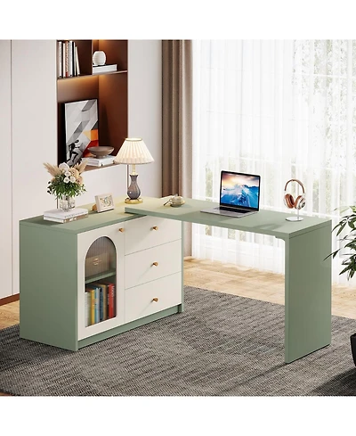 Tribesigns L-Shaped Gaming Desk with Drawers, Modern Corner Home Office Desk & Computer Desk,Cyan & White