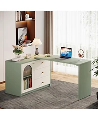 Tribesigns L-Shaped Gaming Desk with Drawers, Modern Corner Home Office Desk & Computer Desk,Cyan & White