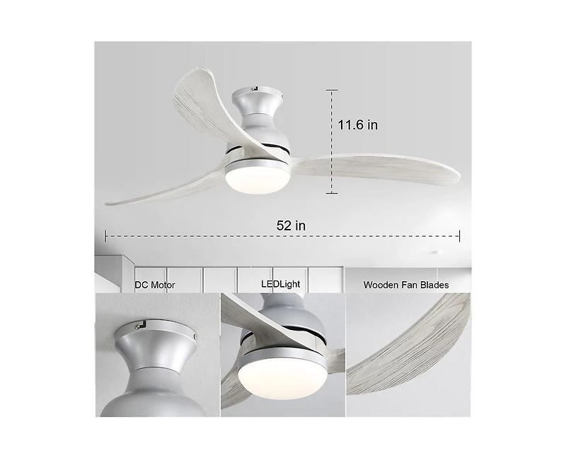 52-inch Modern Classic Silver 3-Blade Flush Mount with Intelligent Remote Control and Light
