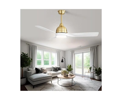 54-inch Modern Minimalist Golden 3-Blade Ceiling Fan with Led Light Remote Control Supports 6 Speeds and Timer Function